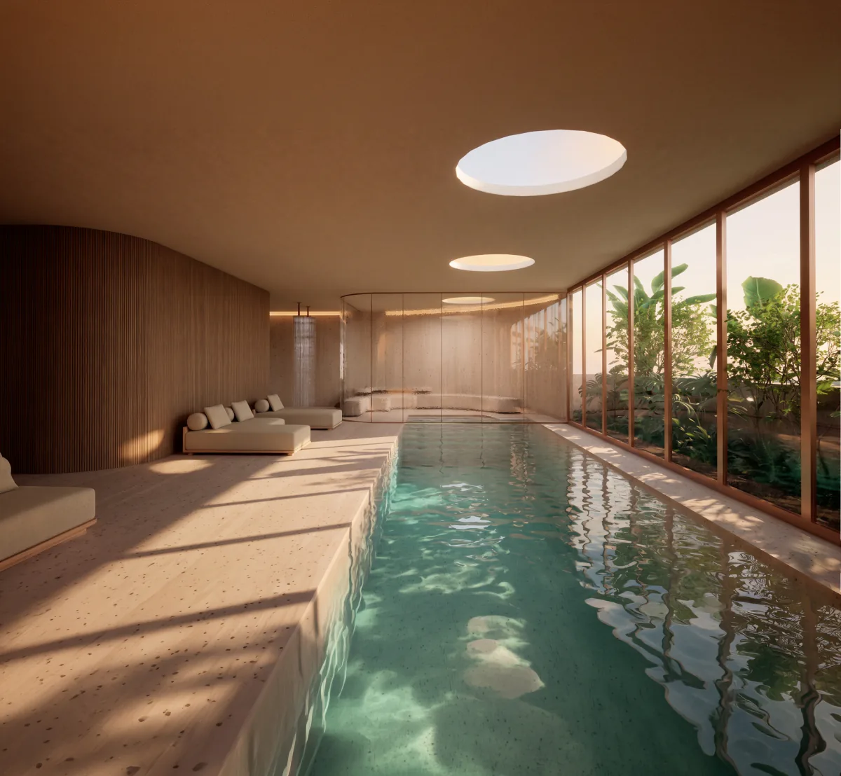 Piscina coberta com claraboias redondas no teto de madeira e um painel de vidro voltado para o jardim